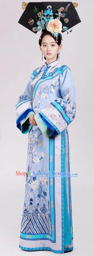 Traditional Chinese Ancient Qing Dynasty Imperial Princess Costume and Headpiece Complete Set, Above The Clouds Chinese Mandarin Robes Manchu Nobility Embroidered Clothing for Women