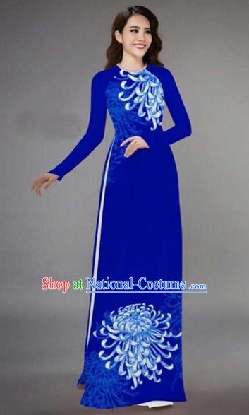 Traditional Top Grade Asian Vietnamese Costumes Classical Printing Chrysanthemum Full Dress, Vietnam National Ao Dai Dress Catwalks Blue Qipao for Women