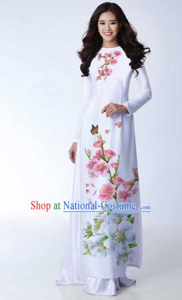 Traditional Top Grade Asian Vietnamese Costumes Classical Printing Peach Blossom Full Dress, Vietnam National Ao Dai Dress Catwalks White Qipao for Women