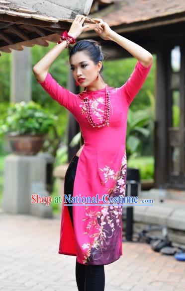 Traditional Top Grade Asian Vietnamese Costumes Classical Printing Flowers Full Dress, Vietnam National Ao Dai Dress Catwalks Rosy Short Qipao for Women