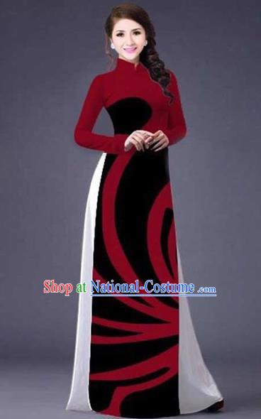 Traditional Top Grade Asian Vietnamese Costumes Classical Stripe Printing Full Dress, Vietnam National Ao Dai Dress Catwalks Wine Red Qipao for Women