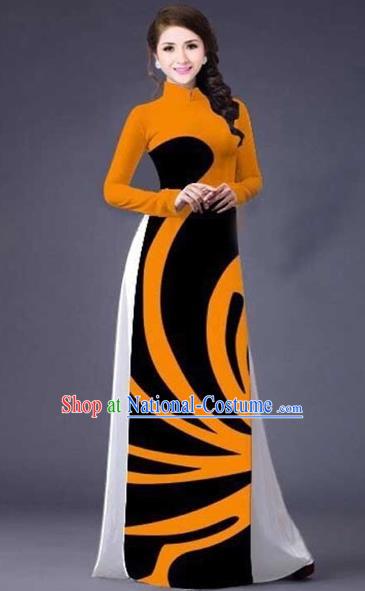 Traditional Top Grade Asian Vietnamese Costumes Classical Stripe Printing Full Dress, Vietnam National Ao Dai Dress Catwalks Orange Qipao for Women