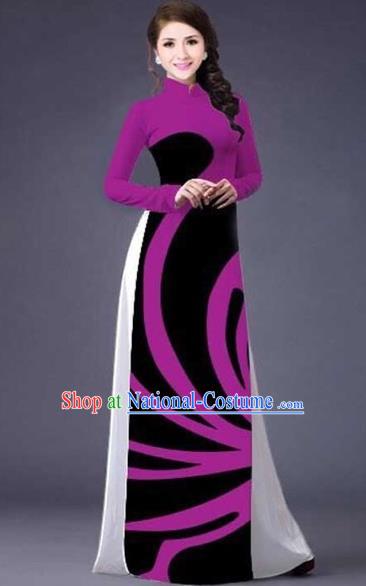 Traditional Top Grade Asian Vietnamese Costumes Classical Stripe Printing Full Dress, Vietnam National Ao Dai Dress Catwalks Rosy Qipao for Women