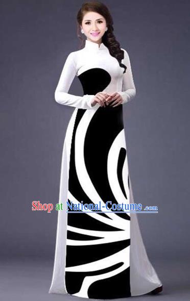 Traditional Top Grade Asian Vietnamese Costumes Classical Stripe Printing Full Dress, Vietnam National Ao Dai Dress Catwalks White Qipao for Women