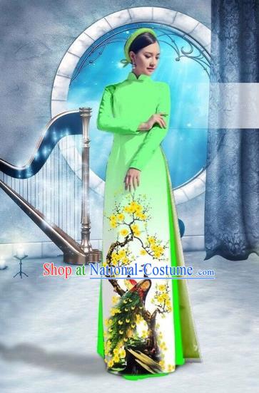 Traditional Top Grade Asian Vietnamese Costumes Classical Printing Peacock Full Dress, Vietnam National Ao Dai Dress Catwalks Debutante Green Qipao for Women