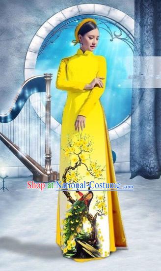 Traditional Top Grade Asian Vietnamese Costumes Classical Printing Peacock Full Dress, Vietnam National Ao Dai Dress Catwalks Debutante Yellow Qipao for Women