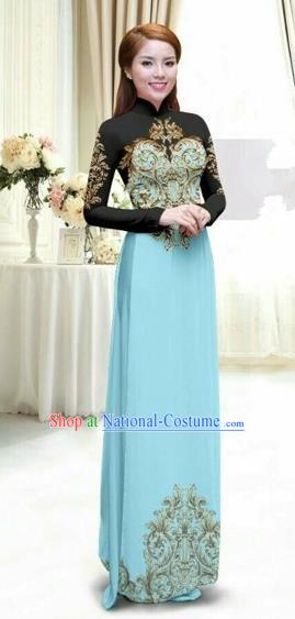 Traditional Top Grade Asian Vietnamese Costumes Classical Printing Full Dress, Vietnam National Ao Dai Dress Catwalks Debutante Lace Blue Qipao for Women