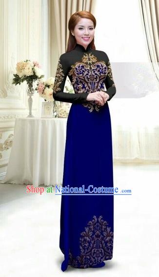 Traditional Top Grade Asian Vietnamese Costumes Classical Printing Full Dress, Vietnam National Ao Dai Dress Catwalks Debutante Lace Royalblue Qipao for Women