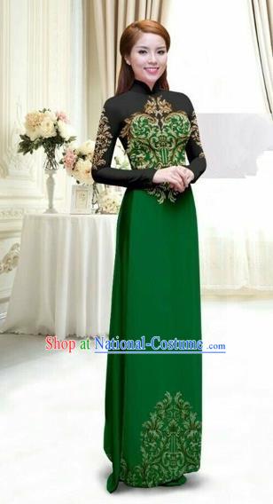 Traditional Top Grade Asian Vietnamese Costumes Classical Printing Full Dress, Vietnam National Ao Dai Dress Catwalks Debutante Lace Green Qipao for Women