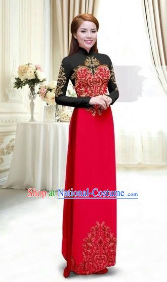 Traditional Top Grade Asian Vietnamese Costumes Classical Printing Full Dress, Vietnam National Ao Dai Dress Catwalks Debutante Lace Red Qipao for Women