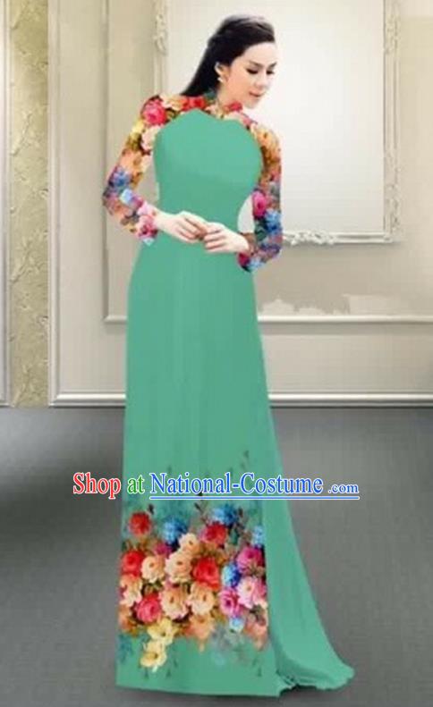 Traditional Top Grade Asian Vietnamese Costumes Classical Printing Flowers Full Dress, Vietnam National Ao Dai Dress Catwalks Debutante Green Qipao for Women