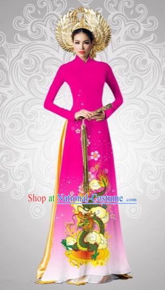 Traditional Top Grade Asian Vietnamese Costumes Classical Printing Dragon Full Dress, Vietnam National Ao Dai Dress Catwalks Debutante Pink Qipao for Women