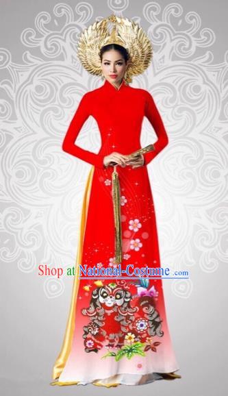 Traditional Top Grade Asian Vietnamese Costumes Classical Printing New Year Full Dress, Vietnam National Ao Dai Dress Catwalks Debutante Red Qipao for Women