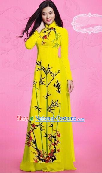 Traditional Top Grade Asian Vietnamese Costumes Classical Printing Bamboo Full Dress, Vietnam National Ao Dai Dress Catwalks Debutante Yellow Qipao for Women