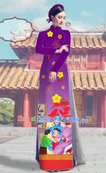 Traditional Top Grade Asian Vietnamese Costumes Classical Printing Purple Full Dress, Vietnam National Ao Dai Dress Catwalks Debutante Happy New Year Qipao for Women