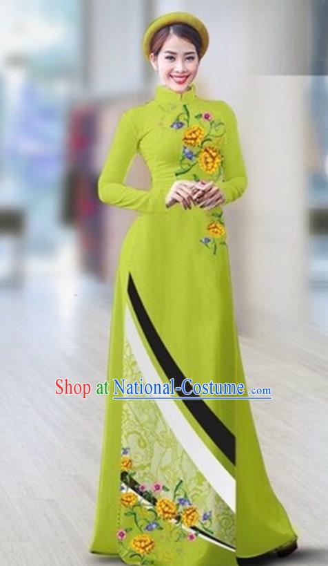 Traditional Top Grade Asian Vietnamese Costumes Classical Printing Full Dress Dance Cothing, Vietnam National Ao Dai Dress Catwalks Debutante Light Green Qipao for Women