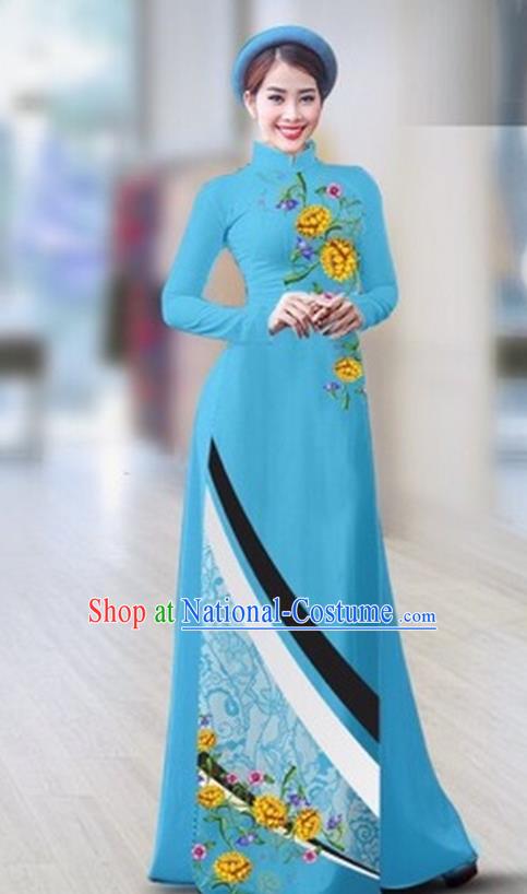 Traditional Top Grade Asian Vietnamese Costumes Classical Printing Full Dress Dance Cothing, Vietnam National Ao Dai Dress Catwalks Debutante Light Blue Qipao for Women