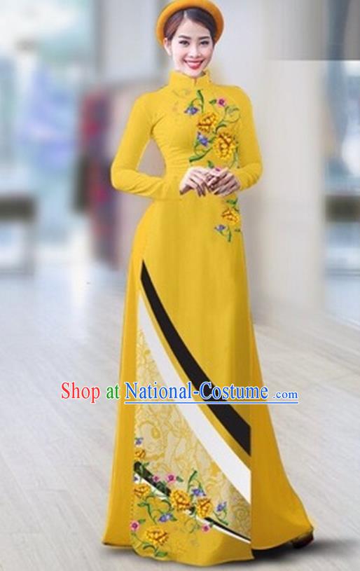 Traditional Top Grade Asian Vietnamese Costumes Classical Printing Full Dress Dance Cothing, Vietnam National Ao Dai Dress Catwalks Debutante Yellow Qipao for Women