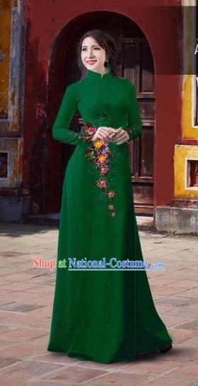 Traditional Top Grade Asian Vietnamese Costumes Classical 3D Printing Flowers Full Dress, Vietnam National Ao Dai Dress Catwalks Debutante Green Qipao for Women