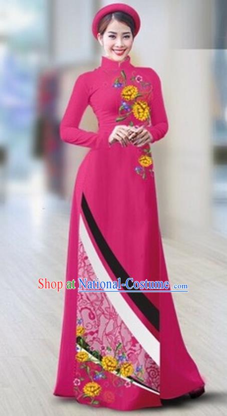 Traditional Top Grade Asian Vietnamese Costumes Classical Printing Full Dress Dance Cothing, Vietnam National Ao Dai Dress Catwalks Debutante Rosy Qipao for Women