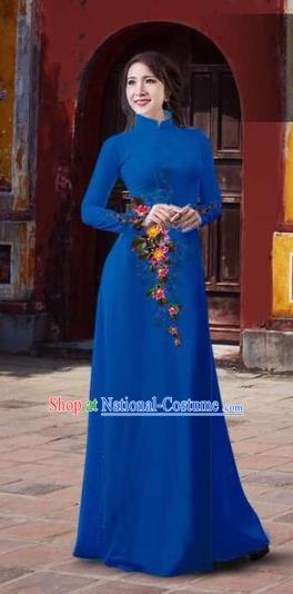 Traditional Top Grade Asian Vietnamese Costumes Classical 3D Printing Flowers Full Dress, Vietnam National Ao Dai Dress Catwalks Debutante Blue Qipao for Women