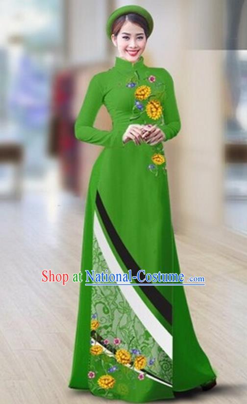 Traditional Top Grade Asian Vietnamese Costumes Classical Printing Full Dress Dance Cothing, Vietnam National Ao Dai Dress Catwalks Debutante Green Qipao for Women