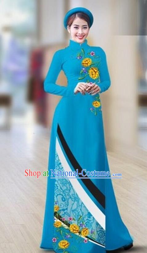 Traditional Top Grade Asian Vietnamese Costumes Classical Printing Full Dress Dance Cothing, Vietnam National Ao Dai Dress Catwalks Debutante Blue Qipao for Women