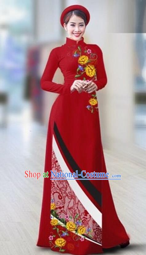 Traditional Top Grade Asian Vietnamese Costumes Classical Printing Full Dress Dance Cothing, Vietnam National Ao Dai Dress Catwalks Debutante Wine Red Qipao for Women