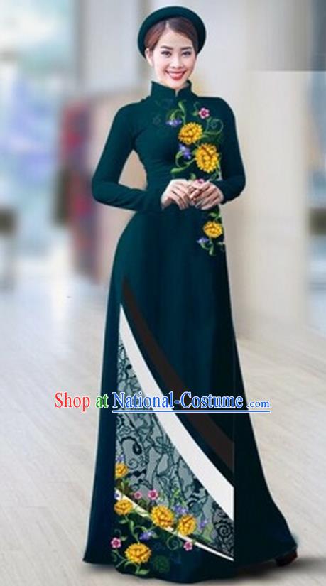 Traditional Top Grade Asian Vietnamese Costumes Classical Printing Full Dress Dance Cothing, Vietnam National Ao Dai Dress Catwalks Debutante Peacock Green Qipao for Women