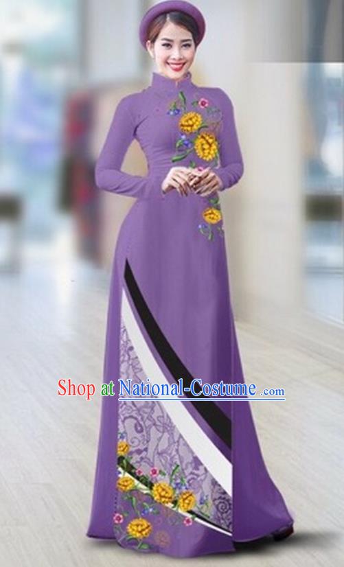 Traditional Top Grade Asian Vietnamese Costumes Classical Printing Full Dress Dance Cothing, Vietnam National Ao Dai Dress Catwalks Debutante Violet Qipao for Women