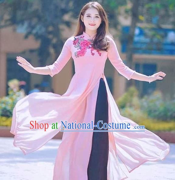 Traditional Top Grade Asian Vietnamese Costumes Classical Printing Flowers Full Dress, Vietnam National Ao Dai Dress Catwalks Debutante Pink Chiffon Qipao for Women