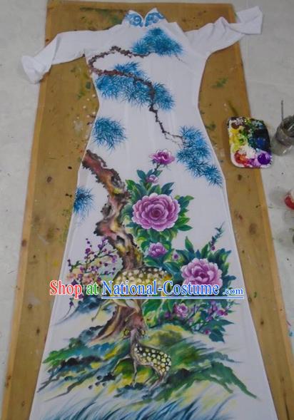 Traditional Top Grade Asian Vietnamese Costumes Classical Printing Flowers Full Dress, Vietnam National Ao Dai Dress Catwalks Debutante White Qipao for Women