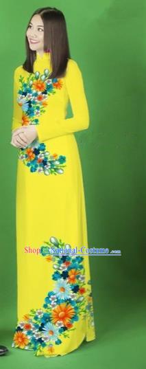 Traditional Top Grade Asian Vietnamese Costumes Classical Printing Flower Full Dress, Vietnam National Ao Dai Dress Yellow Cheongsam for Women