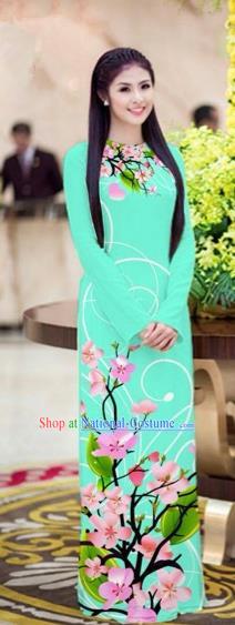 Traditional Top Grade Asian Vietnamese Costumes Classical Printing Peach Blossom Full Dress, Vietnam National Ao Dai Dress Blacklight Blue Cheongsam for Women