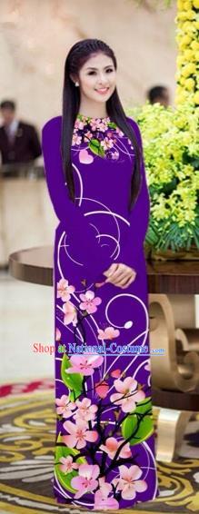 Traditional Top Grade Asian Vietnamese Costumes Classical Printing Peach Blossom Princess Full Dress, Vietnam National Ao Dai Dress Purple Cheongsam for Women