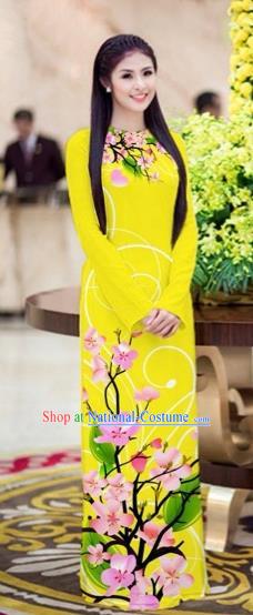 Traditional Top Grade Asian Vietnamese Costumes Classical Printing Peach Blossom Princess Full Dress, Vietnam National Ao Dai Dress Yellow Cheongsam for Women