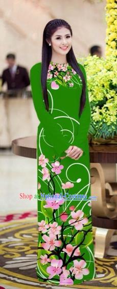 Traditional Top Grade Asian Vietnamese Costumes Classical Printing Peach Blossom Princess Full Dress, Vietnam National Ao Dai Dress Green Cheongsam for Women