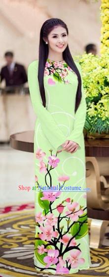 Traditional Top Grade Asian Vietnamese Costumes Classical Printing Peach Blossom Princess Full Dress, Vietnam National Ao Dai Dress Light Green Cheongsam for Women