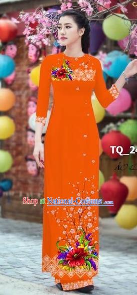 Traditional Top Grade Asian Vietnamese Costumes Classical 3D Printing Bride Full Dress, Vietnam National Ao Dai Dress Orange Cheongsam for Women