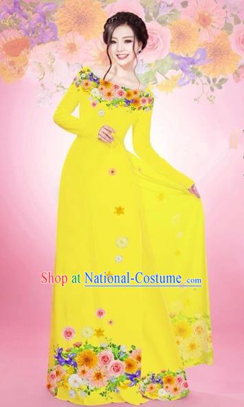 Traditional Top Grade Asian Vietnamese Costumes Classical Printing Flowers Bride Off Shoulder Full Dress, Vietnam National Ao Dai Dress Yellow Chiffon Cheongsam for Women