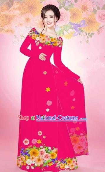 Traditional Top Grade Asian Vietnamese Costumes Classical Printing Flowers Bride Off Shoulder Full Dress, Vietnam National Ao Dai Dress Rosy Chiffon Cheongsam for Women