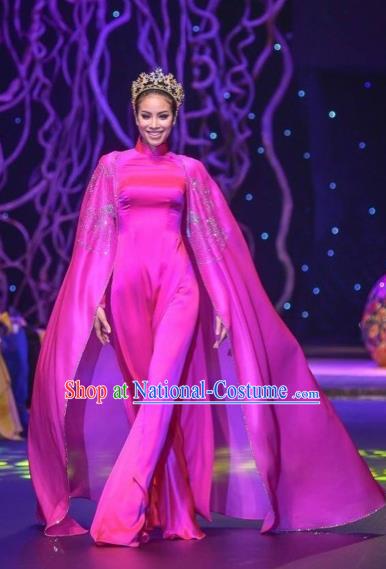 Traditional Top Grade Asian Vietnamese Costumes Classical Full Dress with Cloak, Vietnam National Ao Dai Dress Catwalks Debutante Pink Qipao for Women