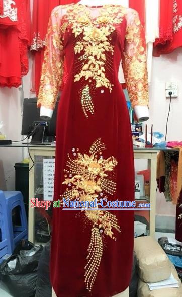 Traditional Top Grade Asian Vietnamese Costumes Classical Wedding Full Dress, Vietnam National Ao Dai Dress Catwalks Debutante Bride Lace Qipao for Women