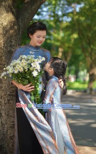 Traditional Top Grade Asian Vietnamese Costumes Classical Grey Full Dress, Vietnam National Ao Dai Dress Mother-daughter Qipao for Women for Kids