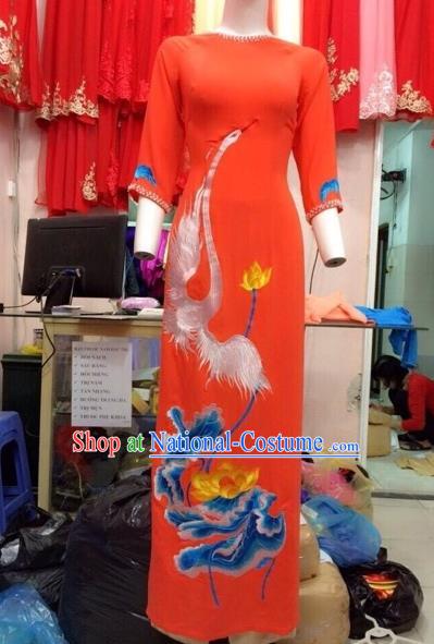 Traditional Top Grade Asian Vietnamese Costumes Classical Hand Painting Full Dress, Vietnam National Ao Dai Dress Catwalks Debutante Orange Qipao for Women