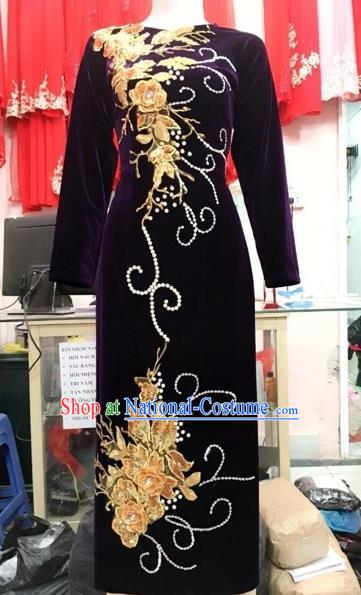 Traditional Top Grade Asian Vietnamese Costumes Classical Embroidery Pleuche Full Dress, Vietnam National Ao Dai Dress Catwalks Debutante Wine Red Qipao for Women