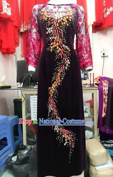 Traditional Top Grade Asian Vietnamese Costumes Classical Embroidery Pleuche Full Dress, Vietnam National Ao Dai Dress Catwalks Debutante Wine Red Lace Qipao for Women