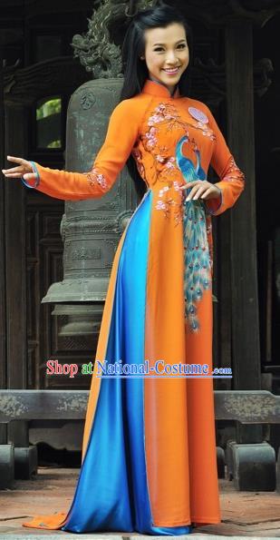 Traditional Top Grade Asian Vietnamese Costumes Classical Printing Peacock Full Dress, Vietnam National Ao Dai Dress Catwalks Debutante Orange Qipao for Women