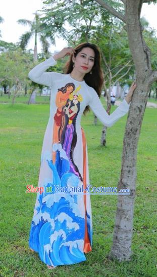 Traditional Top Grade Asian Vietnamese Costumes Classical Hand Painting Full Dress, Vietnam National Ao Dai Dress Catwalks Debutante White Qipao for Women