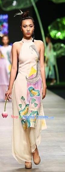 Traditional Top Grade Asian Vietnamese Costumes Classical Hand Painting Full Dress, Vietnam National Ao Dai Dress Catwalks Debutante Halter Qipao for Women